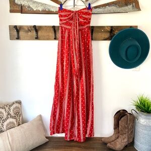 Lulus Raine Washed Red Print Strapless Jumpsuit - Size S
